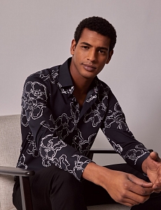 Картинка Brandon Navy & White Floral Slim Diamond Weave Shirt - Mid-Collar