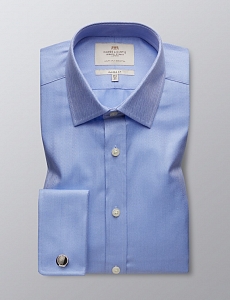 Картинка Mens Formal Blue Herringbone Classic Fit Shirt Double Cuff Easy Iron