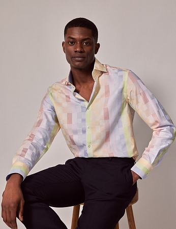 картинка Brandon Blue & Yellow Multi Check Slim Shirt-High Collar от магазина  Fineshirt 