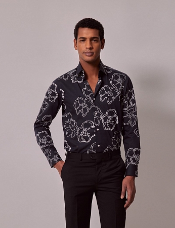 картинка Brandon Navy & White Floral Slim Diamond Weave Shirt - Mid-Collar от магазина  Fineshirt 