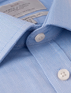 Картинка Mens Formal Blue Herringbone Slim Fit Shirt Single Cuff Easy Iron