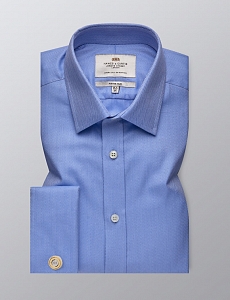 Картинка Mens Formal Blue Herringbone Fitted Slim Shirt Double Cuff Easy Iron