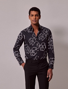 Картинка Brandon Navy & White Floral Slim Diamond Weave Shirt - Mid-Collar